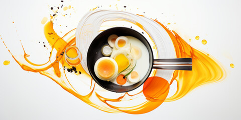 Composition with fried eggs in cup and splashes on white background