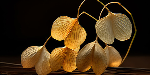 Ginkgo biloba leaves on wooden background, close-up