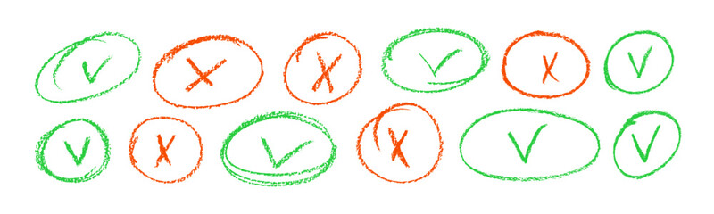 Green check mark and red crosses in ellipses icon set, colored charcoal circles and ovals. Tick symbol in green color.