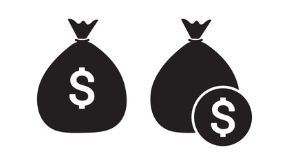 Set of Money bag icons flat style on White background. Coin sack sign business concept vector.