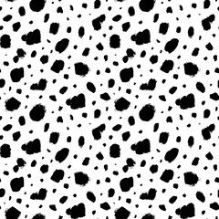 Dalmatian animal fur seamless pattern. Hand drawn grunge blots and spots. Various brush strokes.