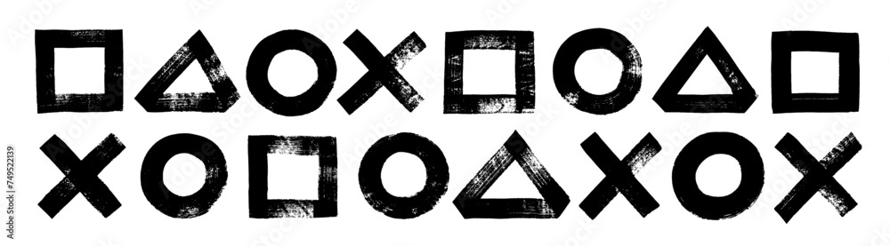 Aufkleber Naive playful abstract geometric shapes in bold grunge style. Circles and squares shapes, and crosses. Modern trendy vector frames.