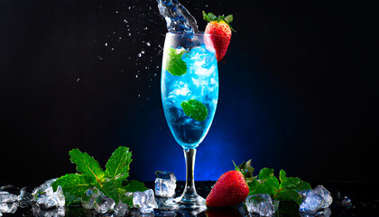 An elegant glass filled with a blue cocktail adorned with strawberries, mint, and ice cubes resting on a dark surface. Perfect for bars, restaurants, or home decor.  - Powered by Adobe