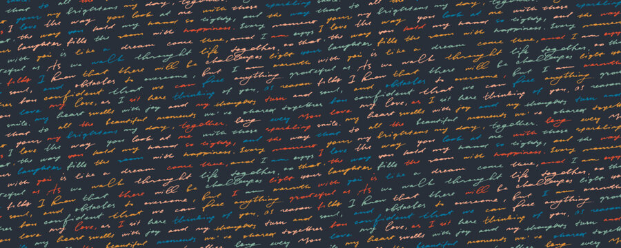 Illegible retro pen writing with uneven letters seamless banner design. Colored vector unreadable handwriting seamless pattern.
