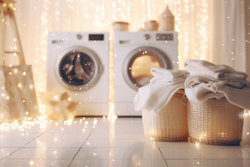 Laundry room with washing machine and towels. Laundry day concept