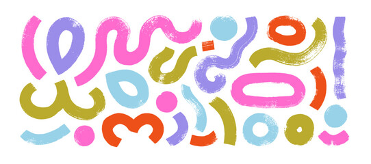 Collection of colorful brush drawn curved lines, bold swirls and circles. Bold graffiti style shapes with dry brush texture.