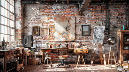 Vintage-inspired artist's studio with brick walls and eclectic decor.