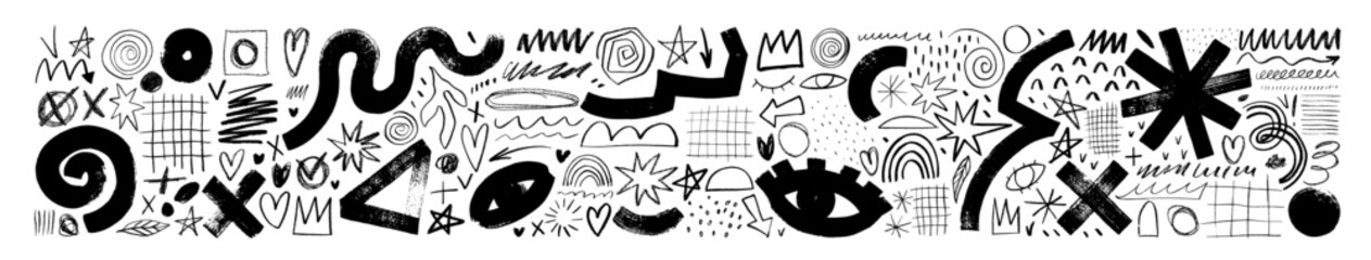 Charcoal graffiti doodle punk and girly shapes collection. Brush drawn eyes and geometric shapes, charcoal and crayon doodle illustration.