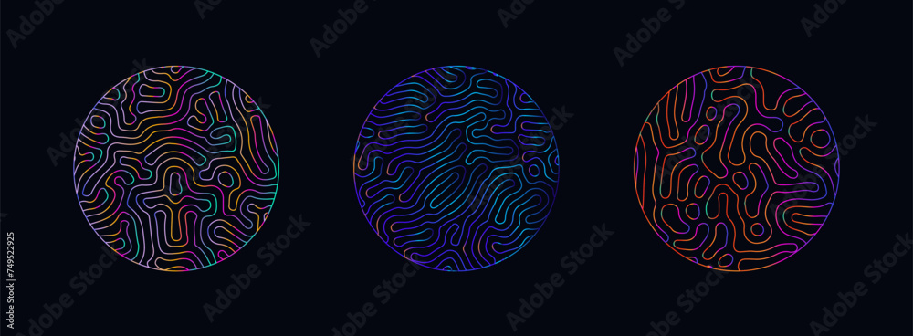 Poster neon holographic circle with warped and glitched texture of lines.