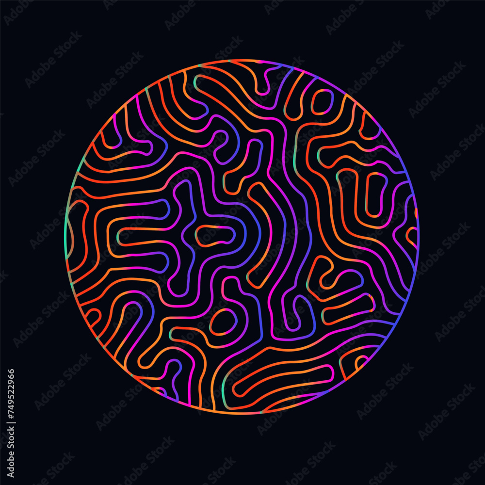 Poster neon holographic circle with warped and glitched texture of lines. template for modern logotype or p