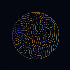 Neon holographic circle with warped and glitched texture of lines.