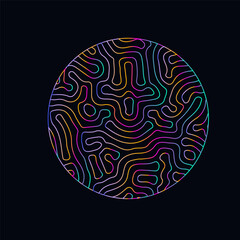 Neon holographic circle with warped and glitched texture of lines. Template for modern logotype or print.