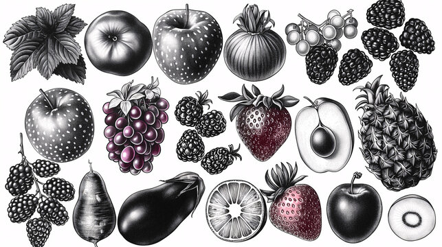 Dibujos en blanco y negro de frutas y verduras