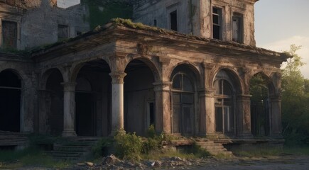 Fototapeta premium Nature Reclaims Its Throne: Breathtaking Abandoned Ruins Bathed in Sunlight