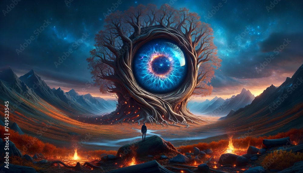 Wall mural An AI-generated surreal landscape featuring a massive, ancient tree with branches and trunk forming a human eye, set against a starry sky and mountainous backdrop. - Wall murals