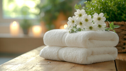 White Towels with Flowers on Wooden Table