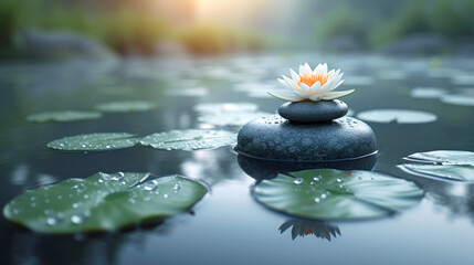 Fototapeta na wymiar Lotus Flower on Zen Stones in Water with Lily Pads