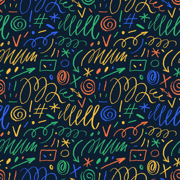 Colorful seamless pattern with various charcoal strokes and curved lines. Vector scribbles and squiggles.