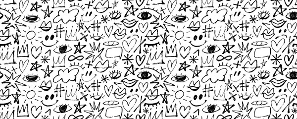Seamless banner design in childish girly style with crowns, hearts, stars, eyes and others doodle elements.