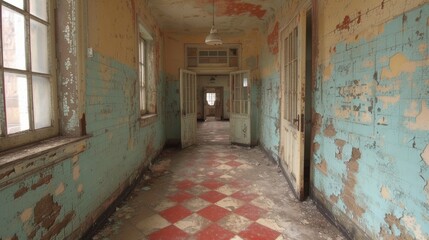 Fototapeta na wymiar Dilapidated Corridor with Red and Cream Checkered Flooring