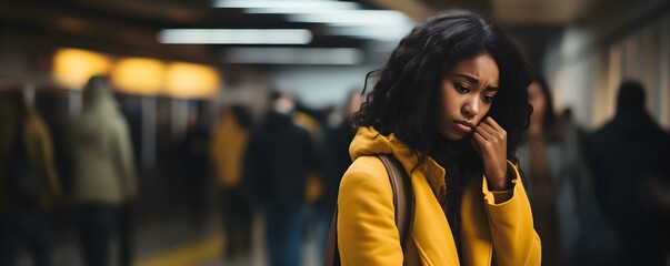 Lonely Black woman navigates university building alone, feeling disconnected. Concept Loneliness, Identity, Isolation, Mental Health, University Life - obrazy, fototapety, plakaty