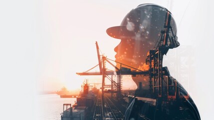 Double exposure photography of engineer man and the business Logistics and transportation of Container Cargo ship and Cargo plane with working crane bridge - obrazy, fototapety, plakaty