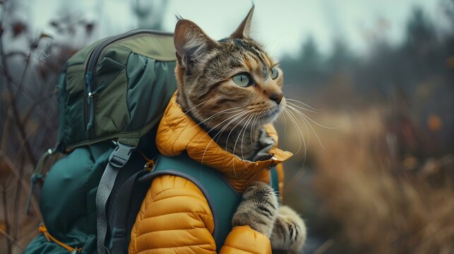 Curious cat in travel gear and backpack explores scenic landscapes with wonder. Concept Traveling Pets, Curious Cat Portraits, Scenic Landscapes, Adventure Cat, Exploration Gear