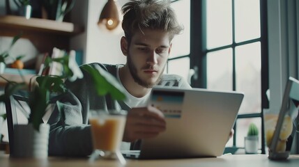 Handsome young man using laptop and credit card for online shopping. AI. - obrazy, fototapety, plakaty