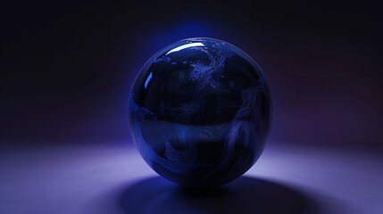 3D rendering of a glass globe on a dark background with blue light. AI.