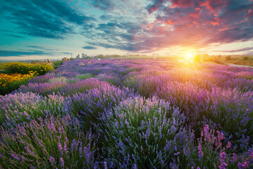 Lavender field summer sunset landscape near Valensole.Provence,France. High quality photo