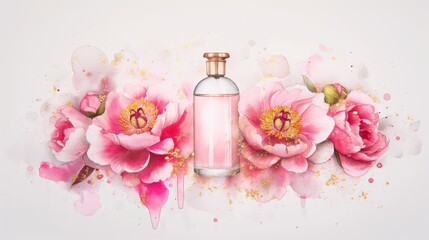 Perfume bottle with peonies, pale pink, gold, fluid art, watercolor, alcohol ink.