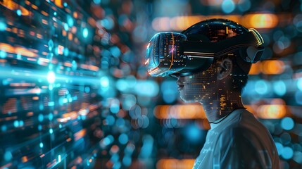 Immersed in a Virtual Reality Environment with Futuristic Data Exploration. Concept Virtual Reality, Futuristic Data, Immersive Experience, Technology Exploration