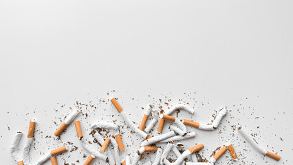Discarded crushed broken cigarettes and scattered tobacco on white background, representing...