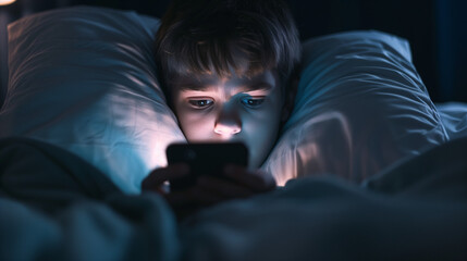 Young Boy Is Addicted to a Phone, Sleepy Exhausted Lying in Bed Using a Smartphone, Insomnia, and Addicted. Sad Bored in Bed Scrolling Through Social Networks at Night in the Dark