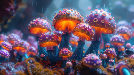 Fototapeta na wymiar A surreal cluster of colorful, vivid mushrooms glistening with fresh rain in a fantasy setting