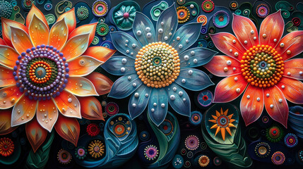 Vibrant Floral Artwork with Beadwork Detailing - obrazy, fototapety, plakaty