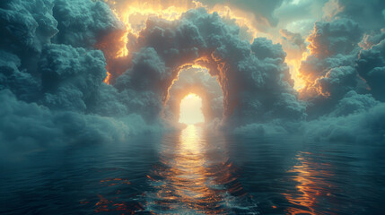 Mysterious arch of clouds over water, portal to heaven