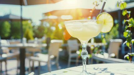 Citrus cocktail on restaurant patio table, warm summer sunlight