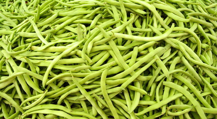 Green beans background. Vegan food. Top view.