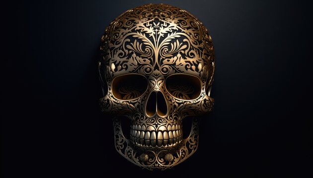 Golden decorative metallic golden brain skull on dark background