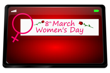Tablet computer with International Women's Day Banner - 8 March - 3D illustration - 749525720