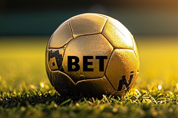 Gold soccer ball with the word BET on the Grass with Blurred Background. Online Casino and Betting Concept with Copy Space. Gambling Concept.