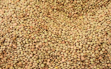 A large mound of lentils is green. Top view, close-up.Dry lentils close up background.