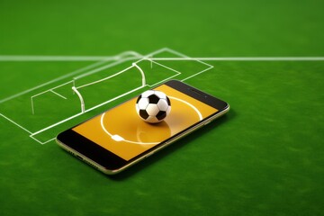 Soccer ball on the screen of smart phone. Soccer concept. Online Casino and Betting Concept with Copy Space. Gambling Concept.