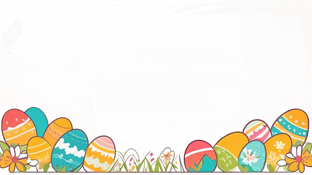 easter greeting card. easter background with eggs. easter eggs in the grass. easter card with eggs and flowers