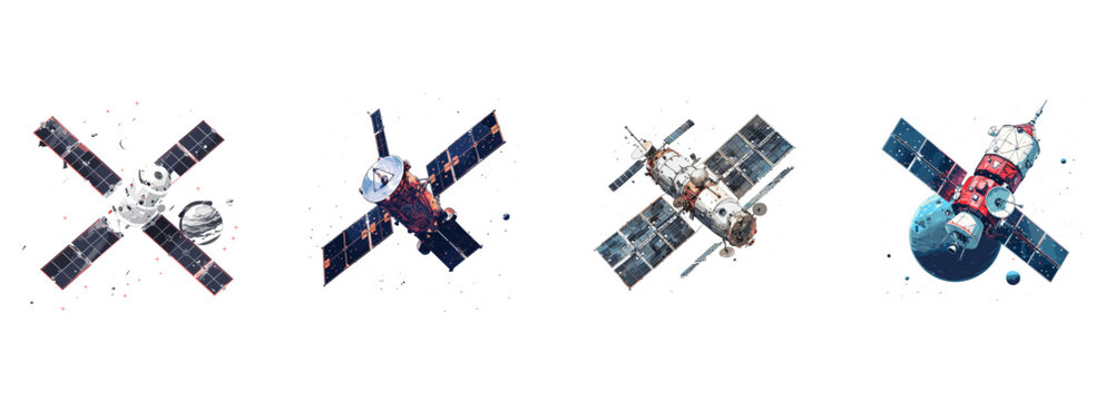 Satellite, Space Technology, Orbiting  Clipart Vector Illustration Set