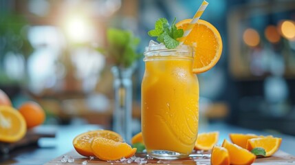 Orange smoothie in the jar, healthy food, realistic photo  
