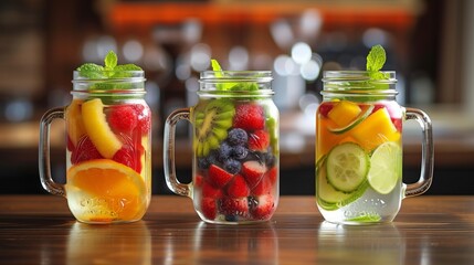 Fruits and water in the jar, set, realistic photo