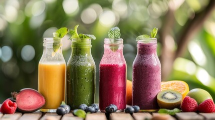 Fruits smoothie in the bottles, set, realistic photo