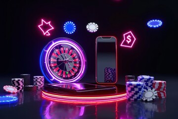 Casino chips, roulette wheel and mobile phone. Online Casino and Betting Concept with Copy Space. Gambling Concept.